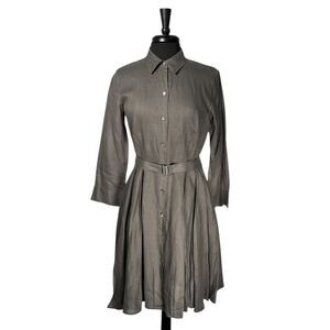 Theory Womens Dress 8 Olive Gray Ramie Shirt Dress Belted Pleated Button Midi